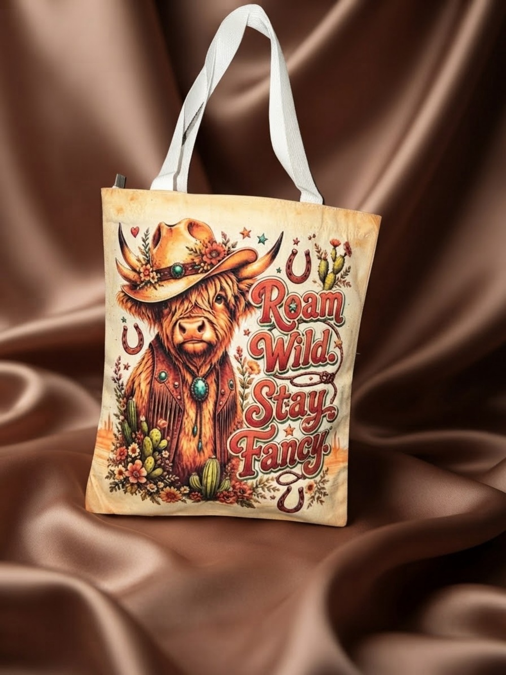 Roam Wild Stay Fancy Beige Tote Bag with White Straps
